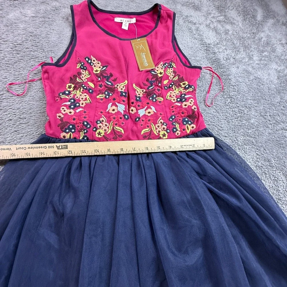 Mi Ami Embroidered Floral Dress S Sleeveless Pink Navy Tulle A-Line NWT - Picture 9 of 9